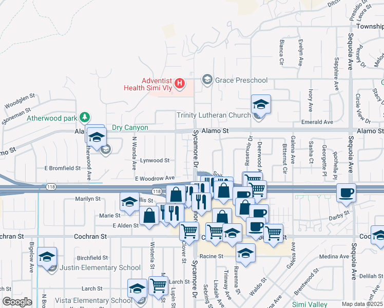 map of restaurants, bars, coffee shops, grocery stores, and more near 2686 Night Jasmine Drive in Simi Valley