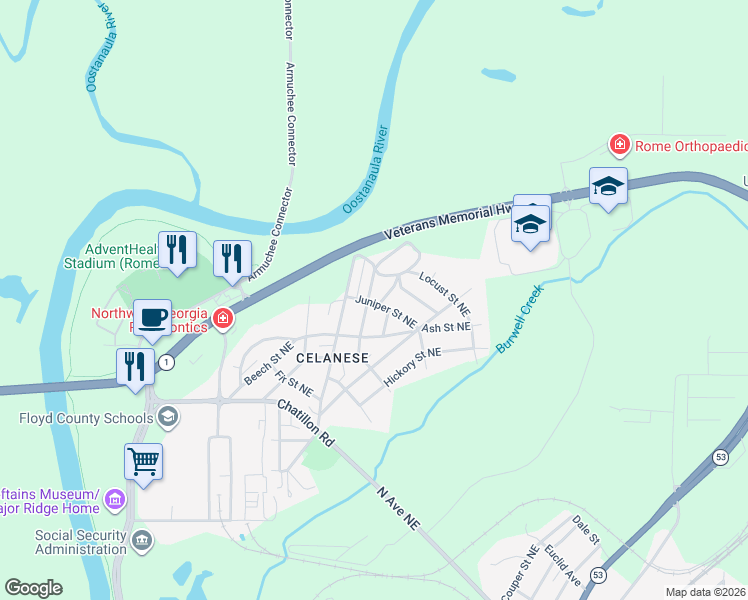 map of restaurants, bars, coffee shops, grocery stores, and more near 11 Oak Street Northeast in Rome
