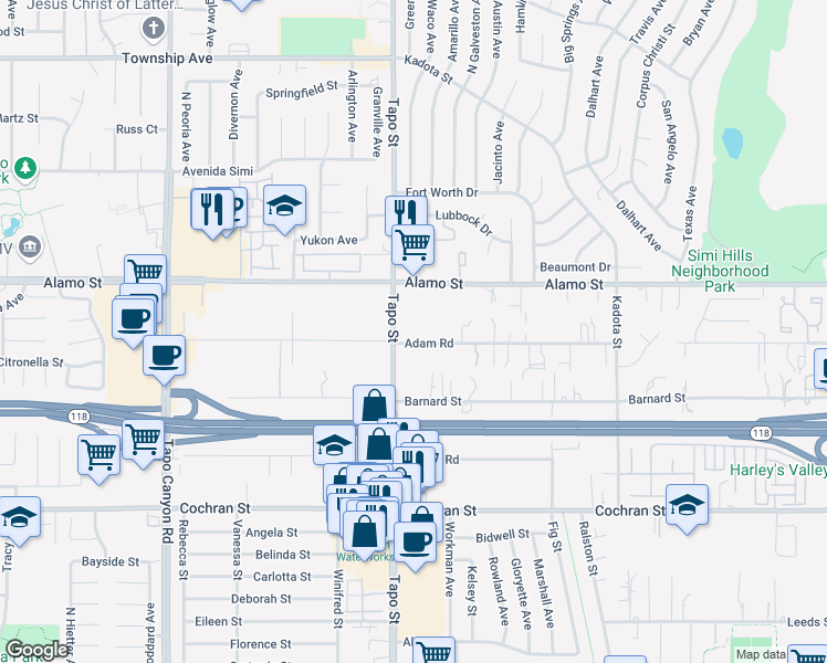 map of restaurants, bars, coffee shops, grocery stores, and more near 4421 Adam Road in Simi Valley