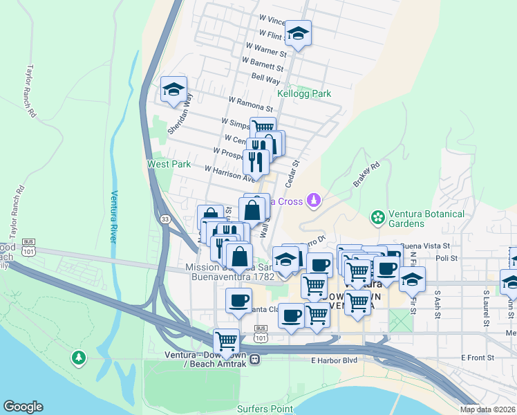 map of restaurants, bars, coffee shops, grocery stores, and more near 300 North Ventura Avenue in Ventura