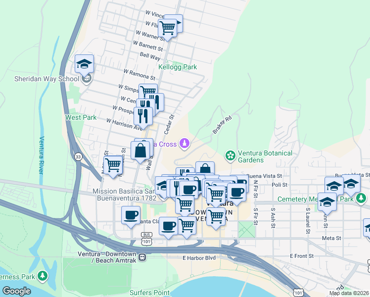 map of restaurants, bars, coffee shops, grocery stores, and more near 398 Ferro Drive in Ventura