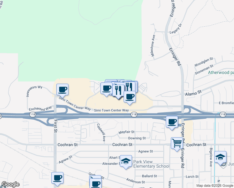 map of restaurants, bars, coffee shops, grocery stores, and more near 1555 Simi Town Center Way in Simi Valley