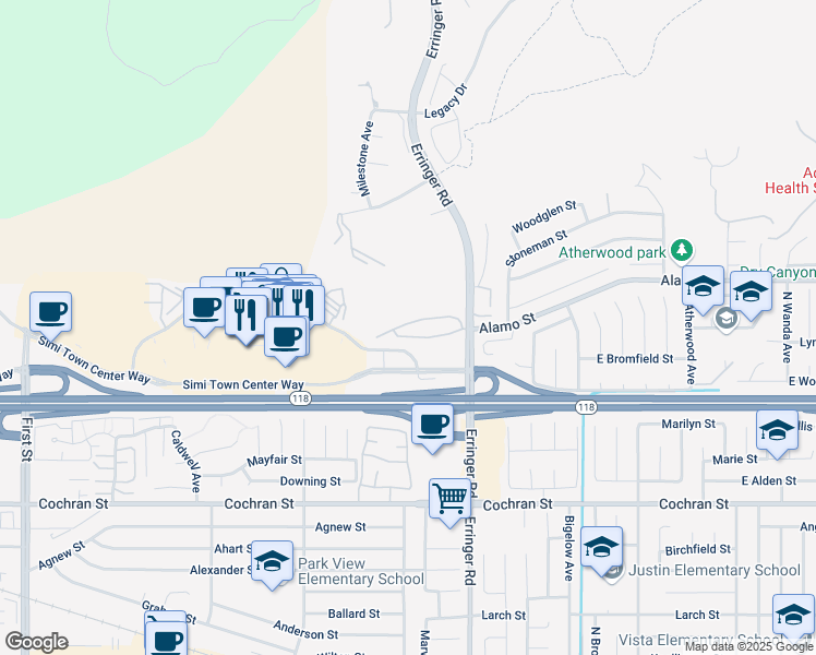 map of restaurants, bars, coffee shops, grocery stores, and more near 2731 Erringer Road in Simi Valley