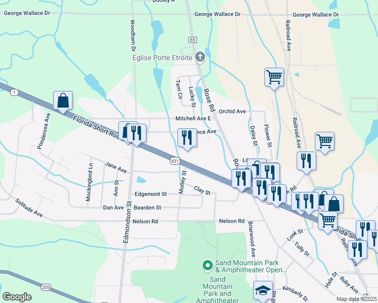 map of restaurants, bars, coffee shops, grocery stores, and more near 8608 Alabama 1 in Albertville
