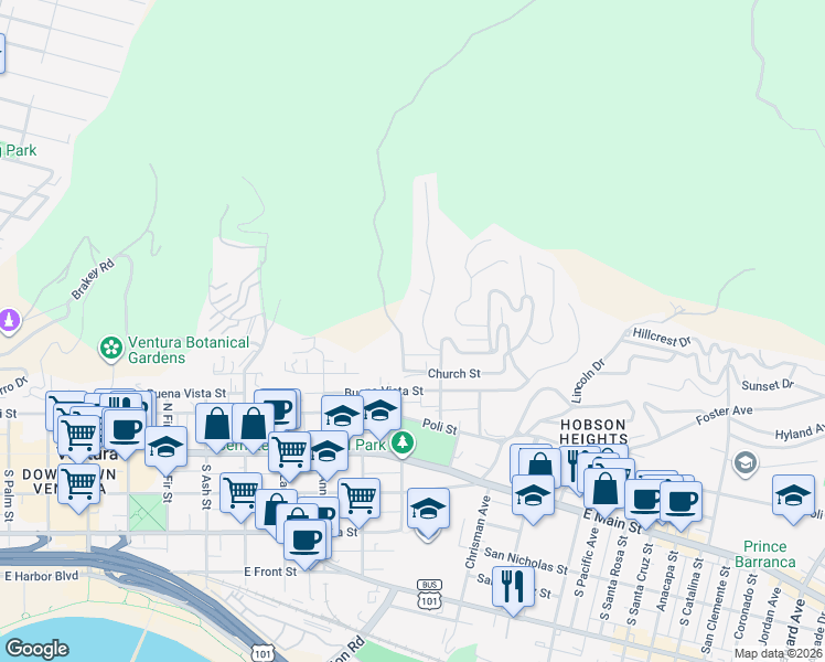 map of restaurants, bars, coffee shops, grocery stores, and more near 299 Aliso Street in Ventura