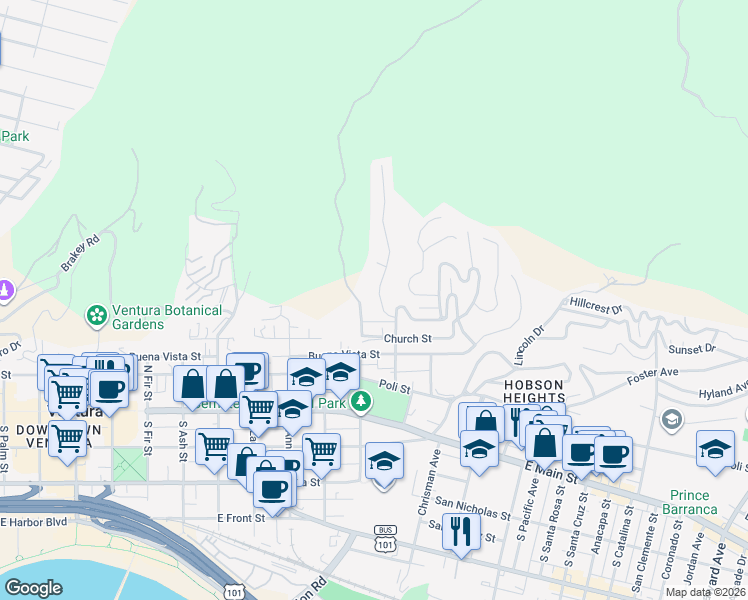 map of restaurants, bars, coffee shops, grocery stores, and more near 299 Aliso Street in Ventura