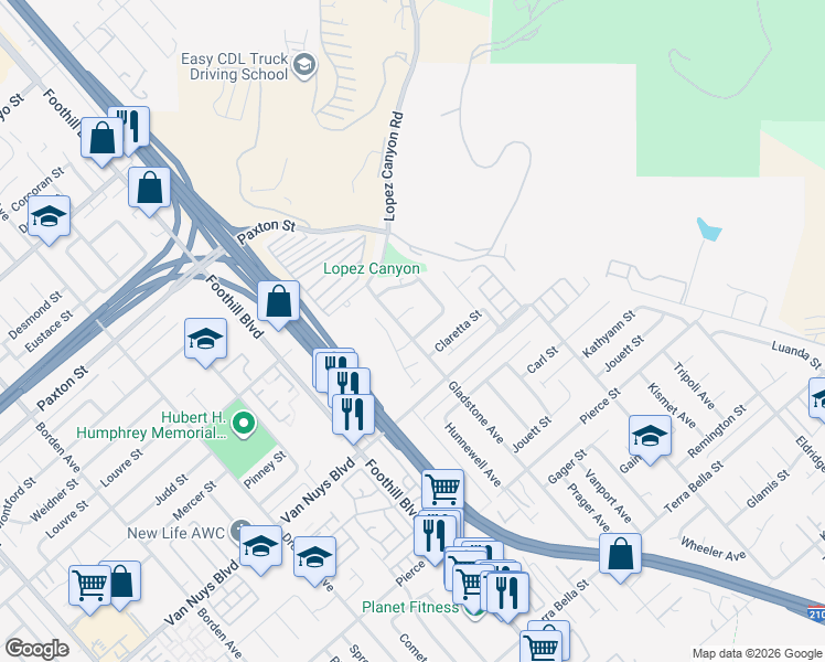 map of restaurants, bars, coffee shops, grocery stores, and more near 12264 Mercer Street in Los Angeles