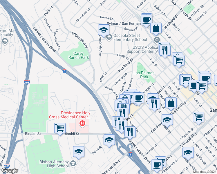 map of restaurants, bars, coffee shops, grocery stores, and more near 11766 Pearwood Avenue in Los Angeles County