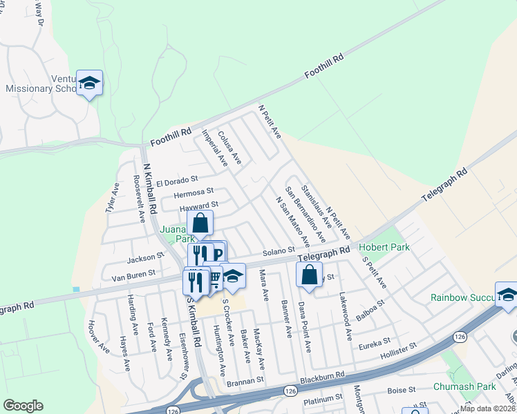map of restaurants, bars, coffee shops, grocery stores, and more near 152 Imperial Avenue in Ventura