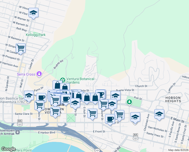 map of restaurants, bars, coffee shops, grocery stores, and more near 864 Vallecito Drive in Ventura