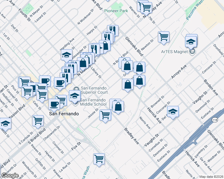 map of restaurants, bars, coffee shops, grocery stores, and more near 517 Griswold Avenue in San Fernando