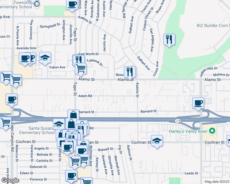 map of restaurants, bars, coffee shops, grocery stores, and more near 4610 Alamo Street in Simi Valley