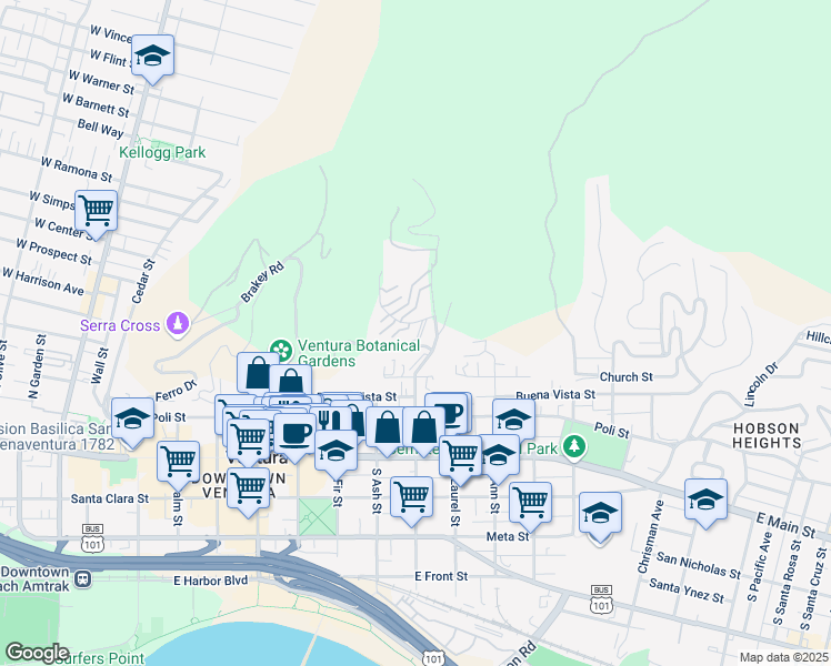 map of restaurants, bars, coffee shops, grocery stores, and more near 864 Vallecito Drive in Ventura
