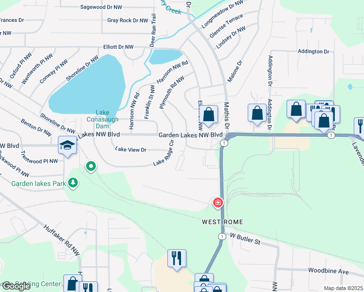 map of restaurants, bars, coffee shops, grocery stores, and more near 2505 Garden Lakes Northwest Boulevard in Rome
