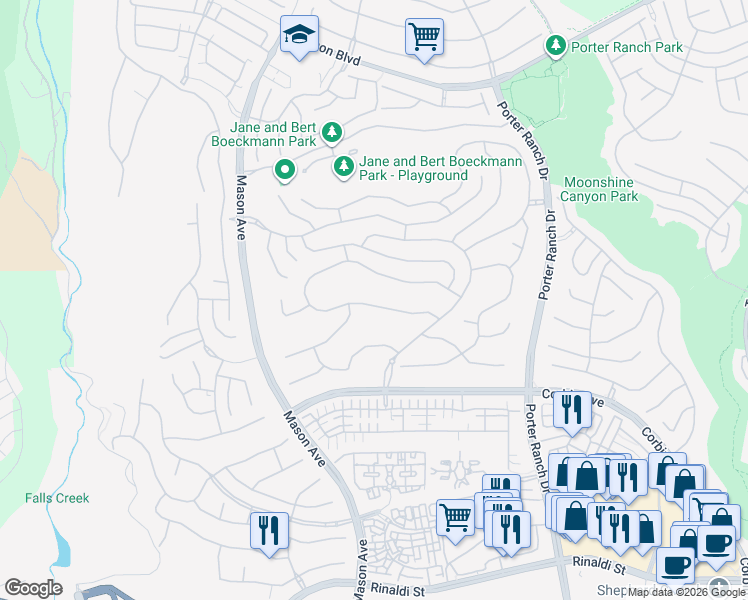map of restaurants, bars, coffee shops, grocery stores, and more near 20337 West Windsor Lane in Los Angeles