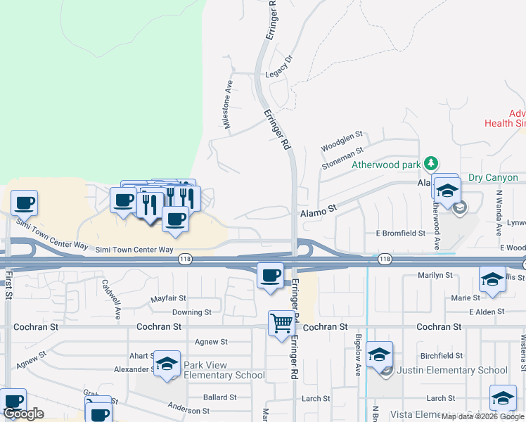 map of restaurants, bars, coffee shops, grocery stores, and more near 2731 Erringer Road in Simi Valley