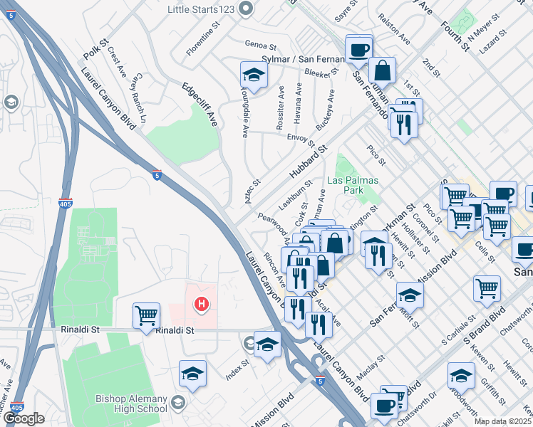 map of restaurants, bars, coffee shops, grocery stores, and more near 11766 Pearwood Avenue in Los Angeles County