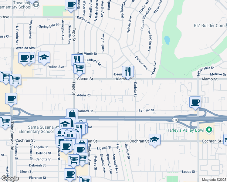 map of restaurants, bars, coffee shops, grocery stores, and more near 4610 Alamo Street in Simi Valley