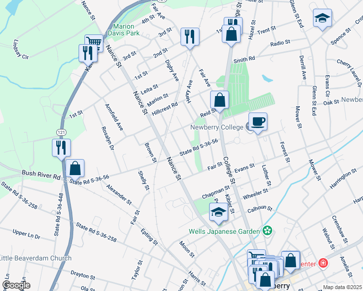 map of restaurants, bars, coffee shops, grocery stores, and more near 2116 Osborne Avenue in Newberry