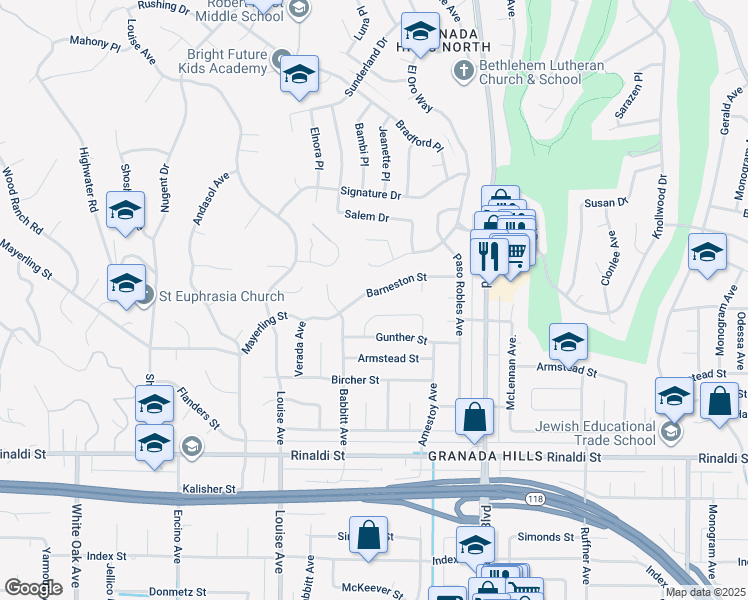 map of restaurants, bars, coffee shops, grocery stores, and more near 17152 Barneston Street in Los Angeles