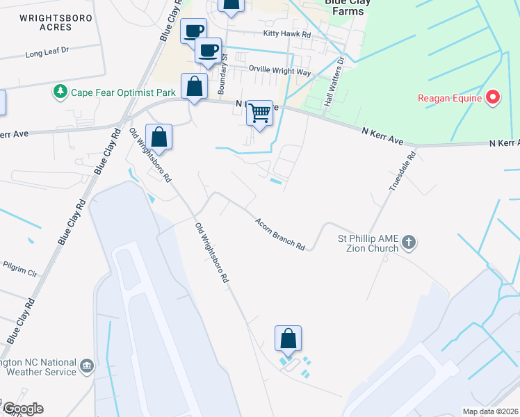 map of restaurants, bars, coffee shops, grocery stores, and more near 2517 Acorn Branch Rd in Wilmington