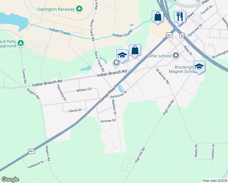 map of restaurants, bars, coffee shops, grocery stores, and more near 1101 Lamar Highway in Darlington