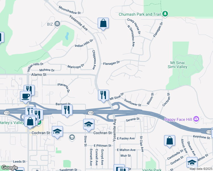 map of restaurants, bars, coffee shops, grocery stores, and more near 5711 Indian Pointe Drive in Simi Valley
