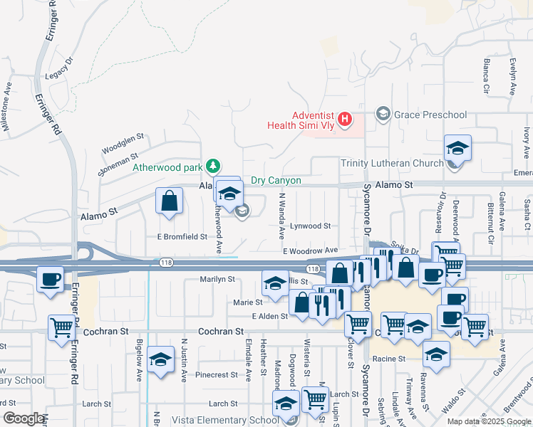 map of restaurants, bars, coffee shops, grocery stores, and more near 2378 Kentfield Street in Simi Valley