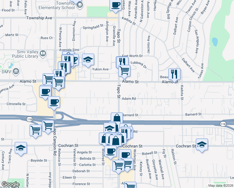 map of restaurants, bars, coffee shops, grocery stores, and more near 2713 Tapo Street in Simi Valley