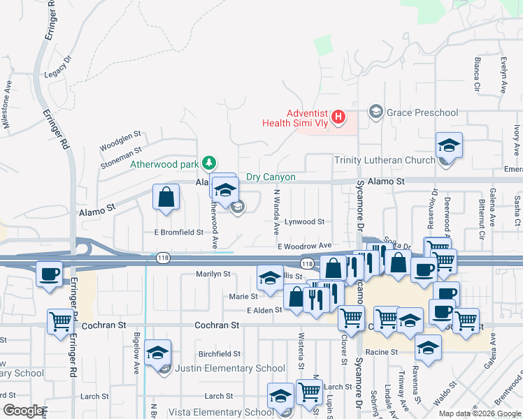 map of restaurants, bars, coffee shops, grocery stores, and more near 2430 East Greensward Street in Simi Valley