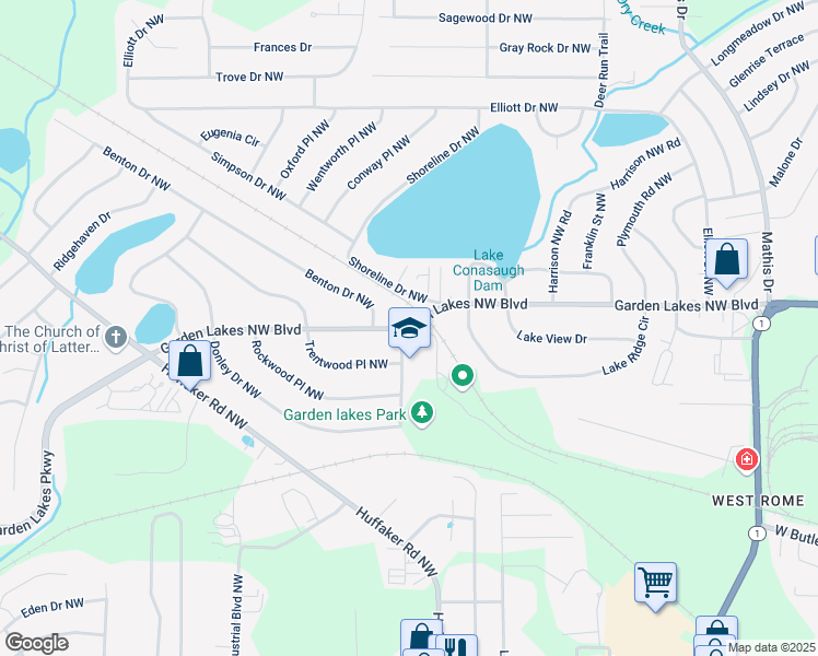 map of restaurants, bars, coffee shops, grocery stores, and more near 2903 Garden Lakes Northwest Boulevard in Rome