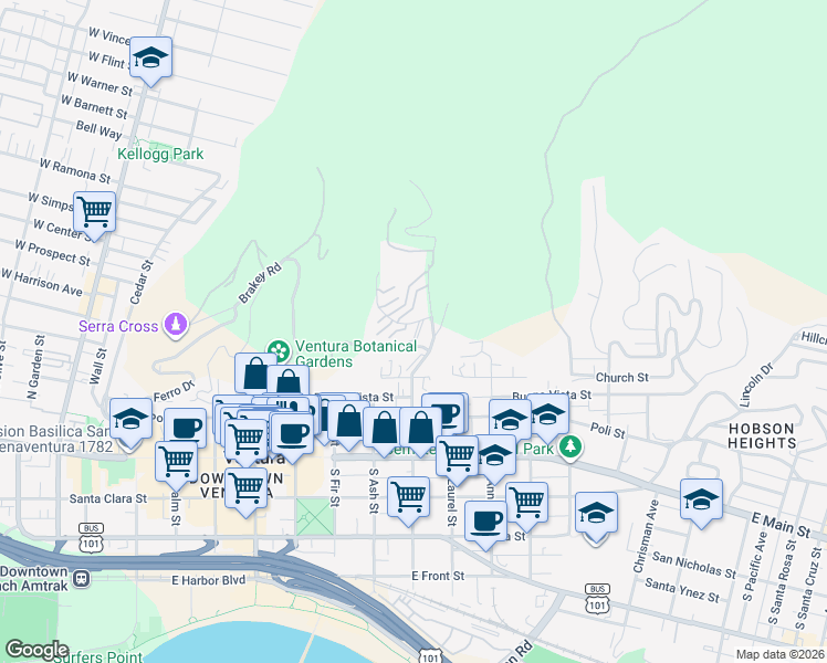 map of restaurants, bars, coffee shops, grocery stores, and more near 333 North Kalorama Street in Ventura