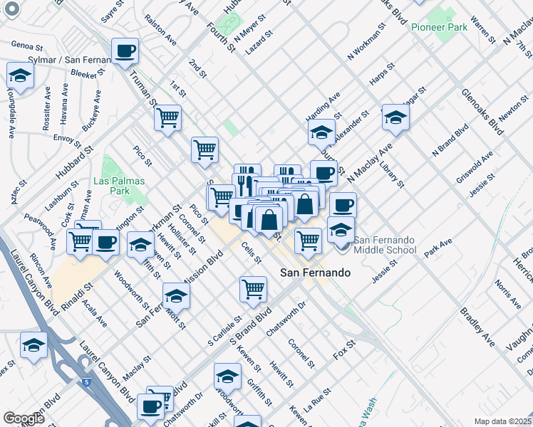 map of restaurants, bars, coffee shops, grocery stores, and more near 1318 1st Street in San Fernando