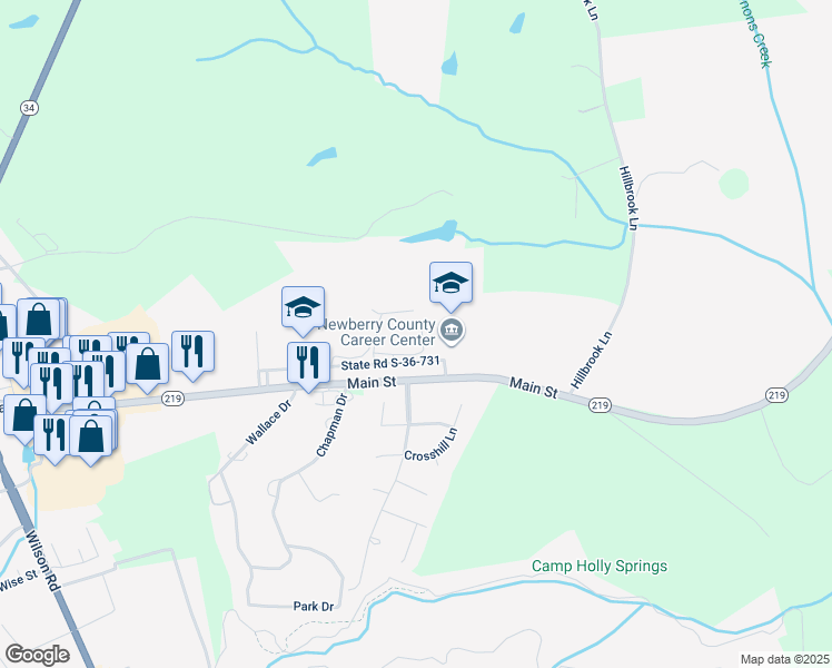 map of restaurants, bars, coffee shops, grocery stores, and more near 3113 Main Street in Newberry