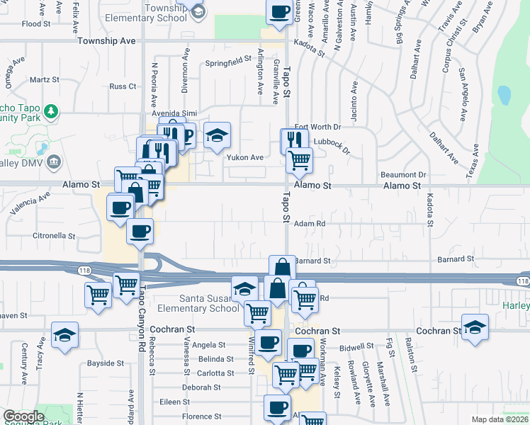 map of restaurants, bars, coffee shops, grocery stores, and more near 2775 Tapo Street in Simi Valley