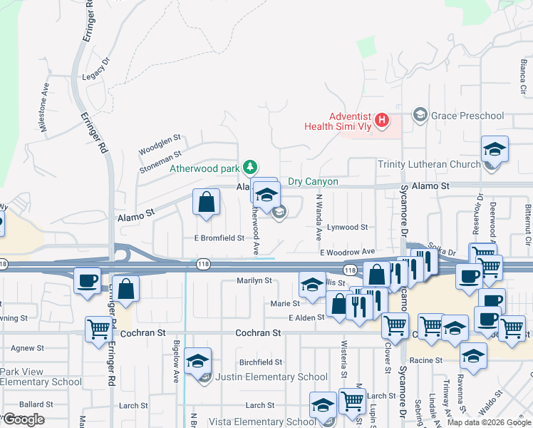 map of restaurants, bars, coffee shops, grocery stores, and more near 2322 Kentfield Street in Simi Valley