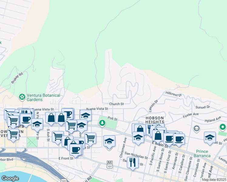 map of restaurants, bars, coffee shops, grocery stores, and more near 349 Aliso Street in Ventura