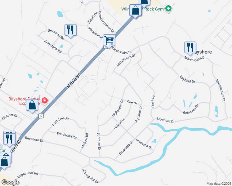 map of restaurants, bars, coffee shops, grocery stores, and more near 612 Goldeneye Court in Wilmington
