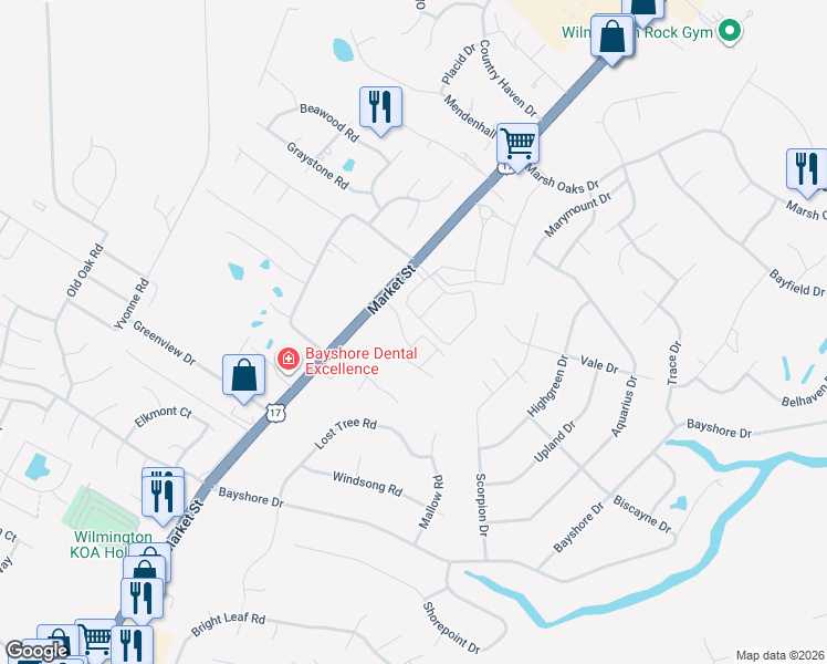 map of restaurants, bars, coffee shops, grocery stores, and more near 112 Amaryllis Drive in Wilmington