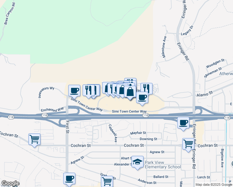 map of restaurants, bars, coffee shops, grocery stores, and more near 1555 Simi Town Center Way in Simi Valley