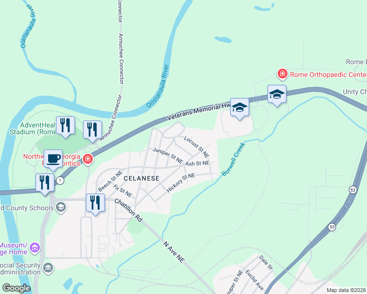 map of restaurants, bars, coffee shops, grocery stores, and more near 10 Locust Street Northeast in Rome