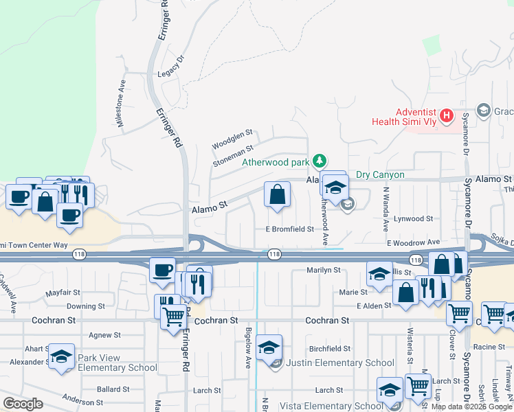 map of restaurants, bars, coffee shops, grocery stores, and more near 2766 North Broadmoor Avenue in Simi Valley