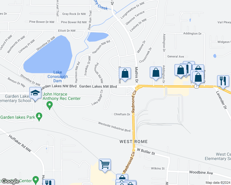 map of restaurants, bars, coffee shops, grocery stores, and more near 108 Hillside Avenue Northwest in Rome