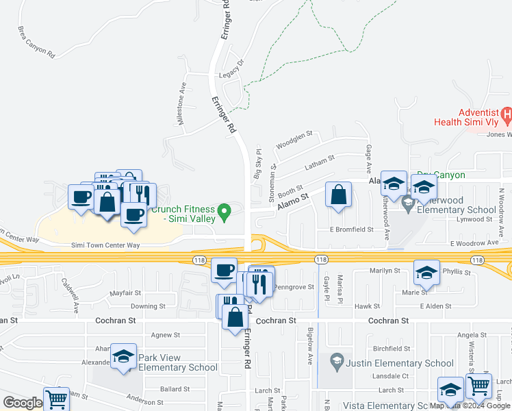 map of restaurants, bars, coffee shops, grocery stores, and more near 2706 Erringer Road in Simi Valley