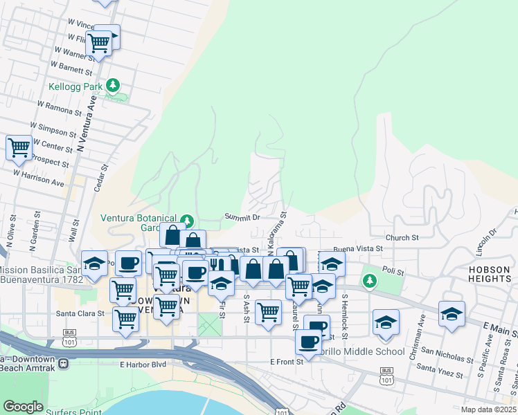 map of restaurants, bars, coffee shops, grocery stores, and more near 848 Khyber Drive in Ventura