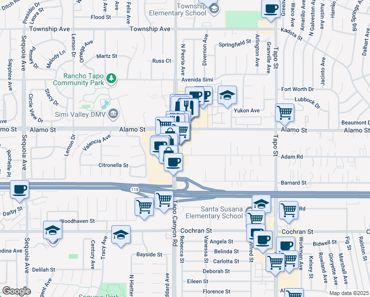 map of restaurants, bars, coffee shops, grocery stores, and more near 2780 Tapo Canyon Road in Simi Valley