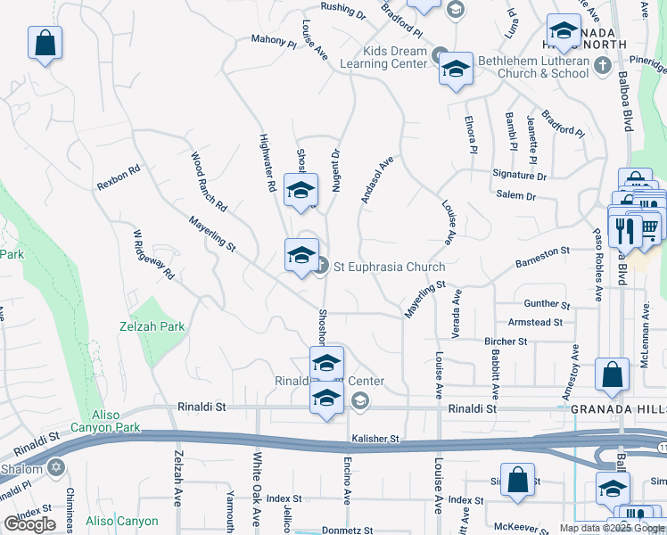 map of restaurants, bars, coffee shops, grocery stores, and more near 11800 Shoshone Avenue in Los Angeles