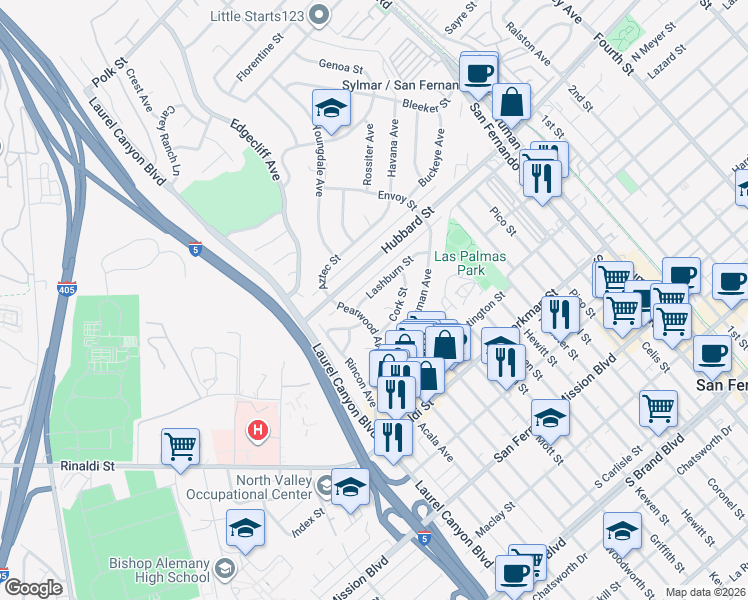 map of restaurants, bars, coffee shops, grocery stores, and more near 753 Lashburn Street in San Fernando