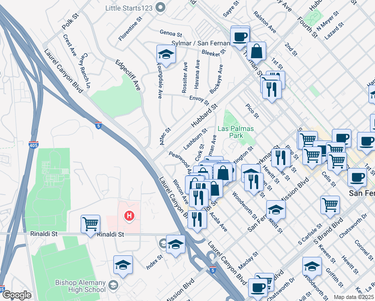 map of restaurants, bars, coffee shops, grocery stores, and more near 753 Lashburn Street in San Fernando