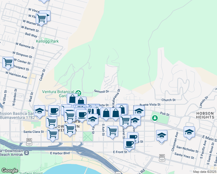 map of restaurants, bars, coffee shops, grocery stores, and more near 848 Khyber Drive in Ventura